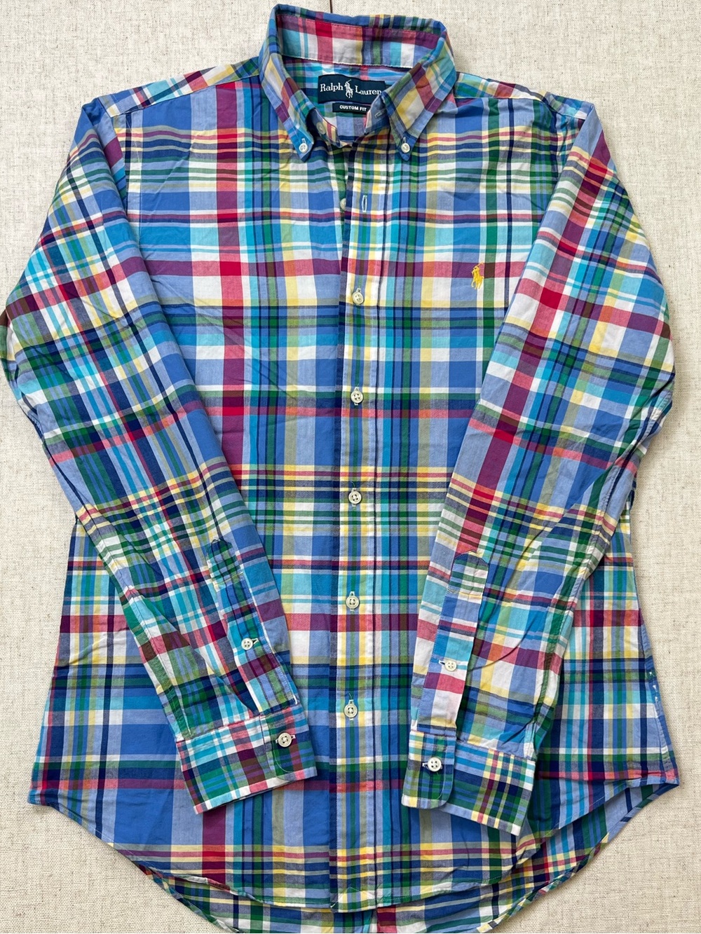 Ralph Lauren Custom Fit Madras Plaid Button Down Shirt Yellow Pony Vintage